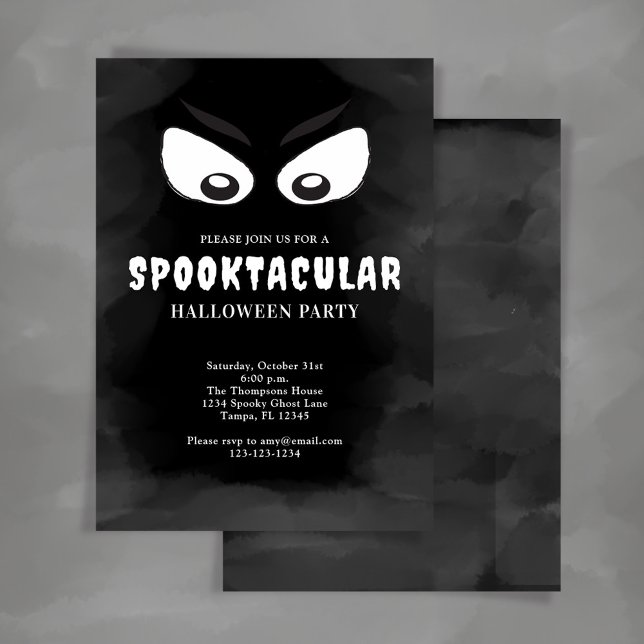 Convites Festa Spooktacular do Dia das Bruxas Preta e Branc (Halloween spooktacular party invitation with black and white ghost eyes.)