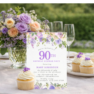 Convites FESTA SURPRESA 90º Aniversário Floral Roxo Bonito