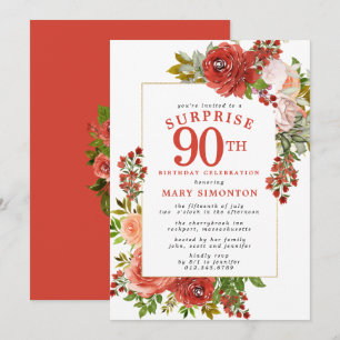 Convites FESTA SURPRESA Aniversário de 90 anos Rosa Vermelh