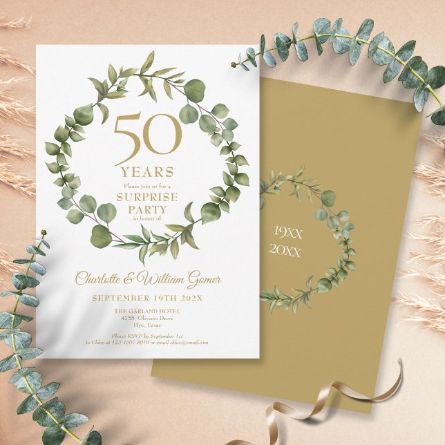 Convites Festa Surpresa Bodas de Ouro Vegetação  (Surprise Party 50th Wedding Anniversary Greenery Invitation)