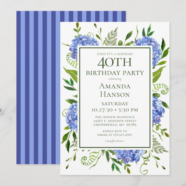 Convites Festa Surpresa de 40 Anos com Hortênsias Azuis (Frente/Verso)