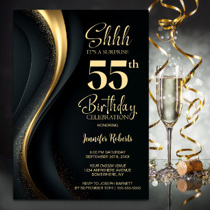 Convites Festa Surpresa de 55 Anos Preto e Dourado