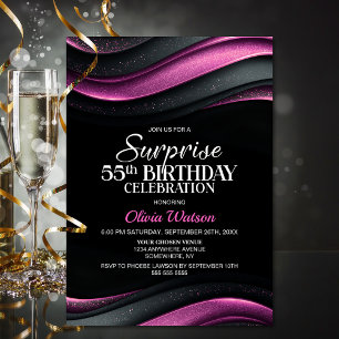 Convites Festa Surpresa de 55 Anos Preto e Rosa
