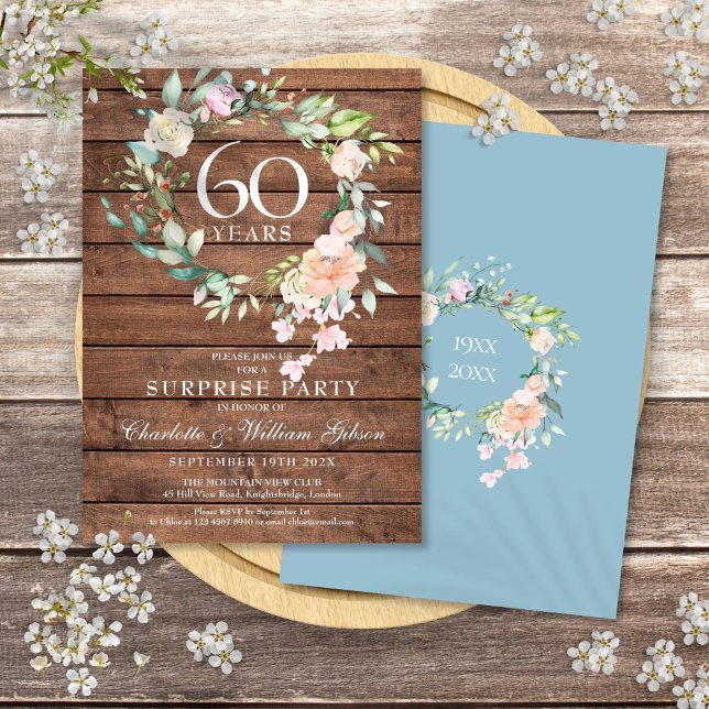 Convites Festa Surpresa de 60º Aniversário Floral Madeira R (60th Anniversary Surprise Party Floral Rustic Wood Invitation)