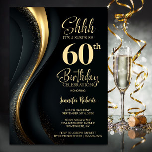 Convites Festa Surpresa de 60 Anos Preto e Dourado