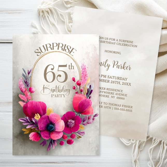 Convites Festa Surpresa de 65 Anos com Flores Rosas (Criador carregado)
