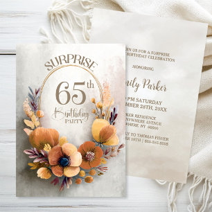 Convites Festa Surpresa de 65 Anos com Tema Floral Laranja