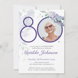Convites Festa Surpresa de 80 Anos com Foto Floral Roxa