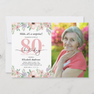 Convites Festa Surpresa de 80 Anos Elegante Foto Floral