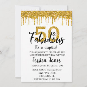 Convites Festa Surpresa dos Cinquenta Anos Glitter Dourado