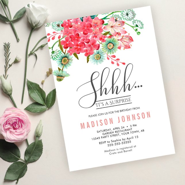 Convites Festa Surpresa Floral Elegante – Shhh Segredo (Wild Flowers | Birthday Surprise Party Invitation)
