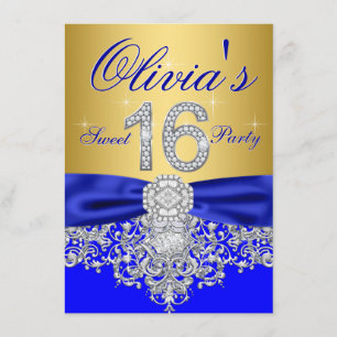 Convites Festa Sweet 16 Azul Royal e Dourado