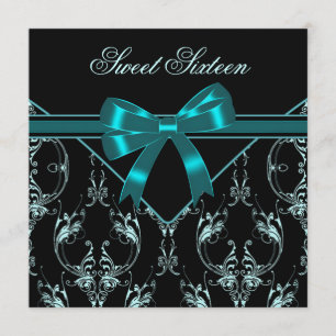 Convites Festa Sweet 16 Azul Turquesa Preto Damask