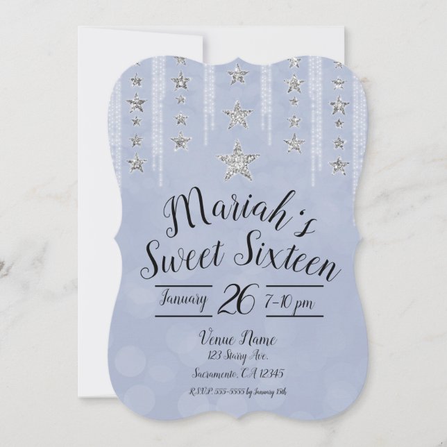 Convites Festa Sweet 16 Baby Blue e Estrelas com Purpurina  (Frente)