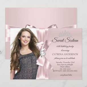 Convites Festa Sweet 16 blush Rosa Foto Diamante Arco Tiara
