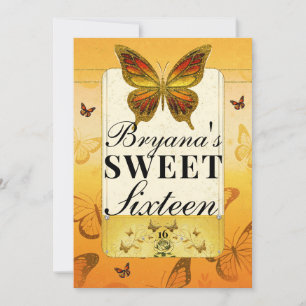 Convites Festa Sweet 16 Borboleta Laranja Amarelo & Ouro