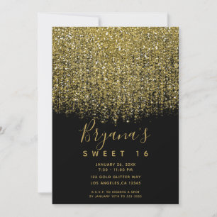 Convites Festa Sweet 16 Brilhante Dourado e Preto Glitter
