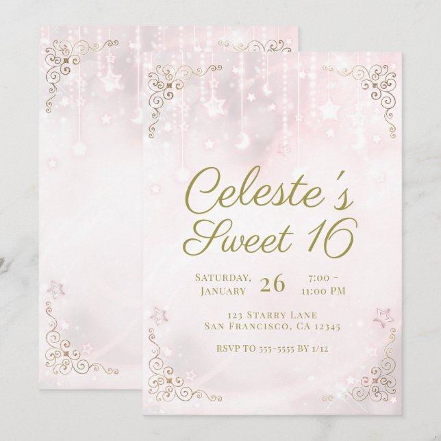 Convites Festa Sweet 16 Brilho Celestial Rosa e Dourado (Frente/Verso)