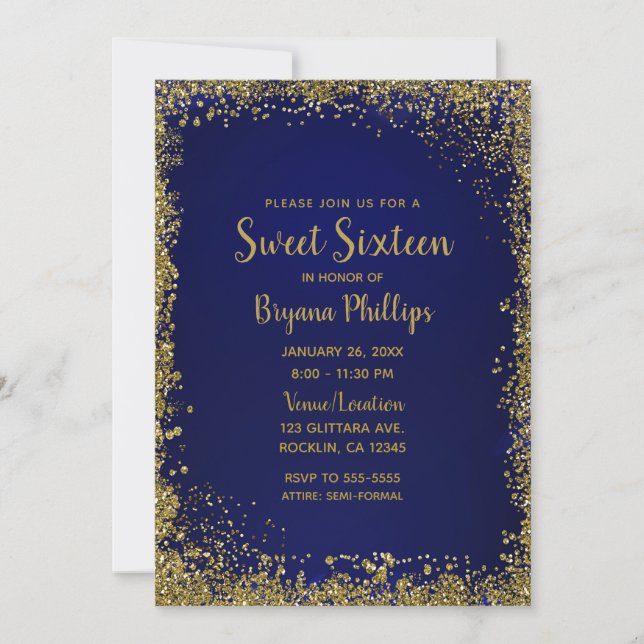 Convites Festa Sweet 16 Brilho Glamour Azul Real e Dourado (Frente)