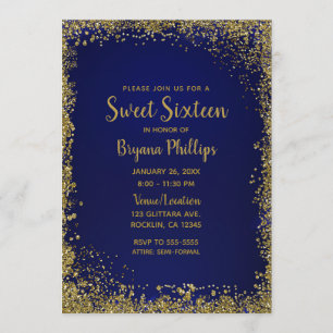 Convites Festa Sweet 16 Brilho Glamour Azul Real e Dourado