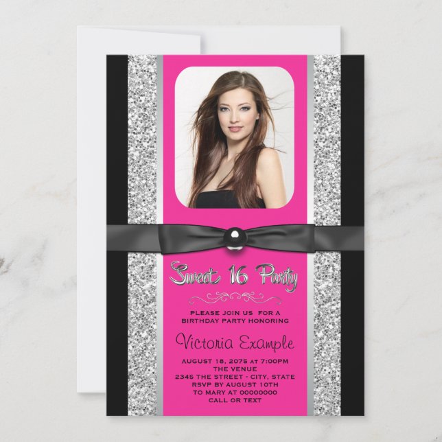 Convites Festa Sweet 16 Brilho Prata Rosa Quente (Frente)
