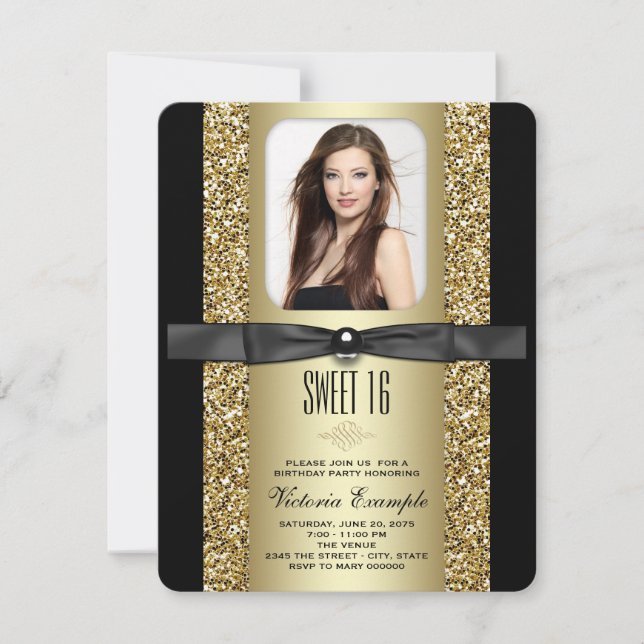 Convites Festa Sweet 16 Brilho Preto e Dourado (Frente)