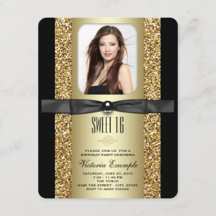 Convites Festa Sweet 16 Brilho Preto e Dourado