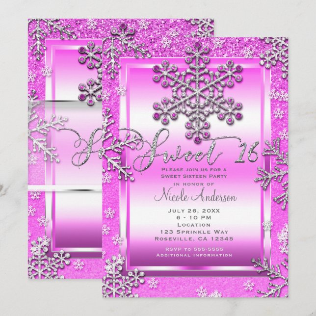 Convites Festa SWEET 16 Brilho Rosa Quente Flocos de Neve d (Frente/Verso)