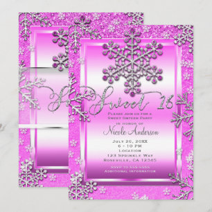 Convites Festa SWEET 16 Brilho Rosa Quente Flocos de Neve d
