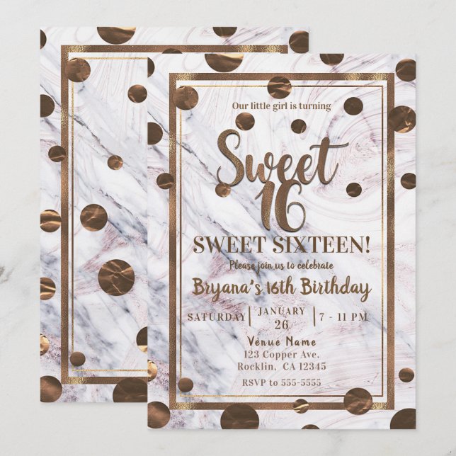 Convites Festa Sweet 16 Bronze Cobre Mármore Dourado Rosa (Frente/Verso)