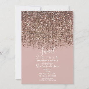 Convites Festa Sweet 16 Bronze Dourado com Glitter Rosa Beg