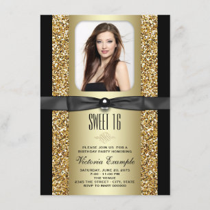 Convites Festa Sweet 16 com Brilho Preto e Dourado