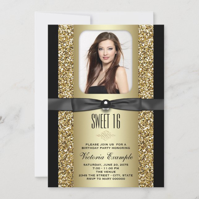 Convites Festa Sweet 16 com Brilho Preto e Dourado (Frente)