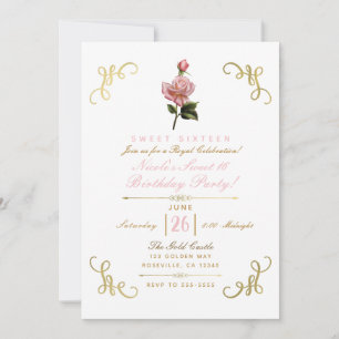 Convites Festa Sweet 16 com Cantos de Rosa Floral e Dourado