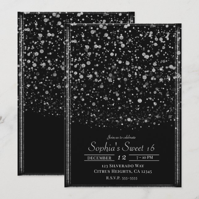 Convites Festa Sweet 16 com Confetes Silver & Black (Frente/Verso)