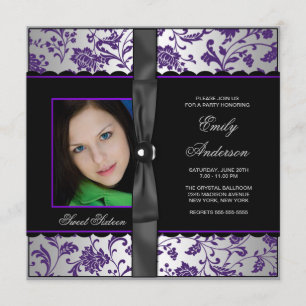 Convites Festa Sweet 16 com Foto em Damasco Preto Roxo