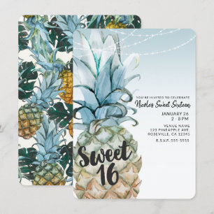 Convites Festa Sweet 16 com Luzes de Corda e Abacaxi Tropic