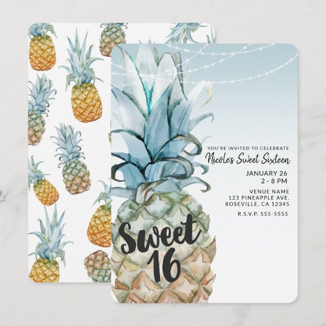 Convites Festa Sweet 16 com Luzes de Natal e Abacaxi Tropic (Frente/Verso)