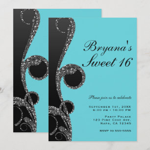 Convites Festa Sweet 16 com redemoinho de glitter azul-turq