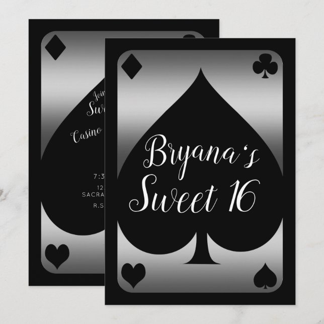 Convites Festa Sweet 16 da Silver & Black Spade Glam Casino (Frente/Verso)