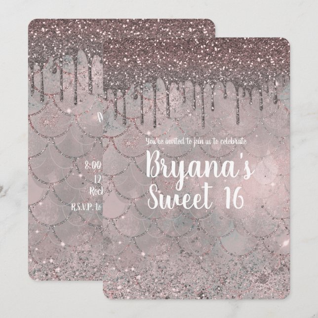 Convites Festa Sweet 16 de Sirene com Brilho Rosa Dourado R (Frente/Verso)