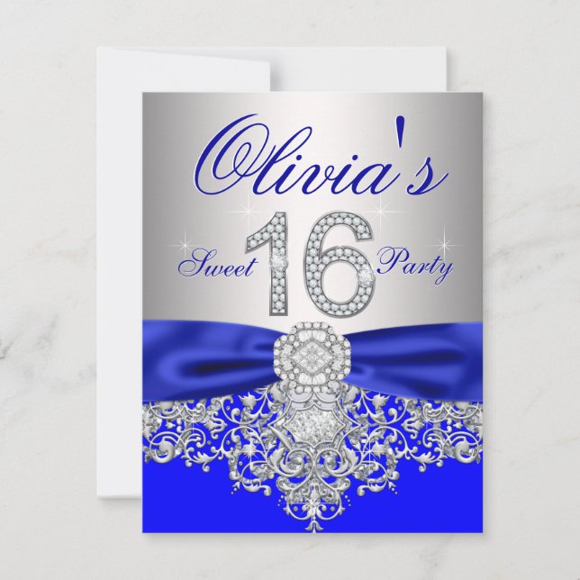 Convites Festa Sweet 16 Diamantes Azul Real e Prata (Frente)