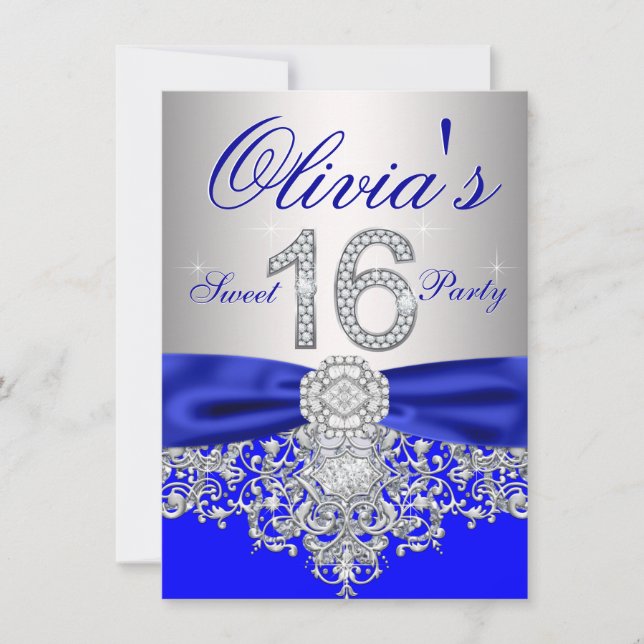 Convites Festa Sweet 16 Diamantes Azul Real e Prata (Frente)