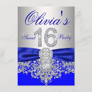 Convites Festa Sweet 16 Diamantes Azul Real e Prata