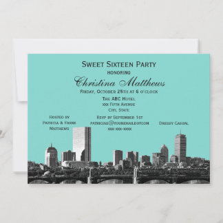 Convites Festa Sweet 16 DIY Cor de Fundo Boston Skyline #2B
