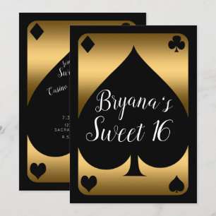 Convites Festa Sweet 16 do Cassino Glam Gold & Black Spade