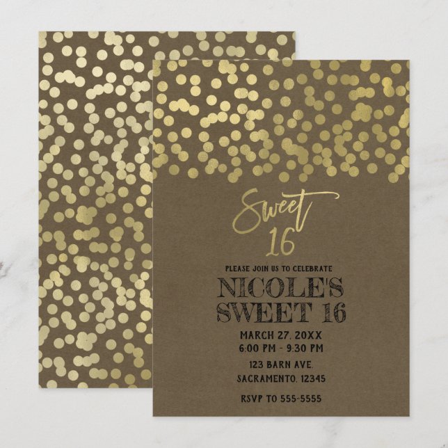 Convites Festa Sweet 16 Dourado Folha Modern Chic Rustic Kr (Frente/Verso)