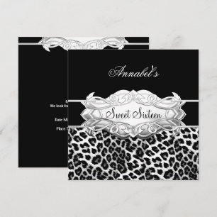 Convites Festa Sweet 16 Elegante Preto Branco Leopardo
