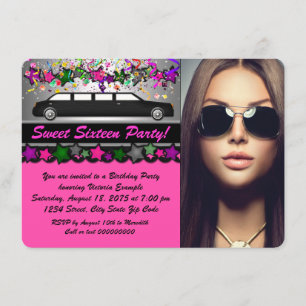 Convites Festa Sweet 16 Foto Preto Rosa Quente Limo Preto