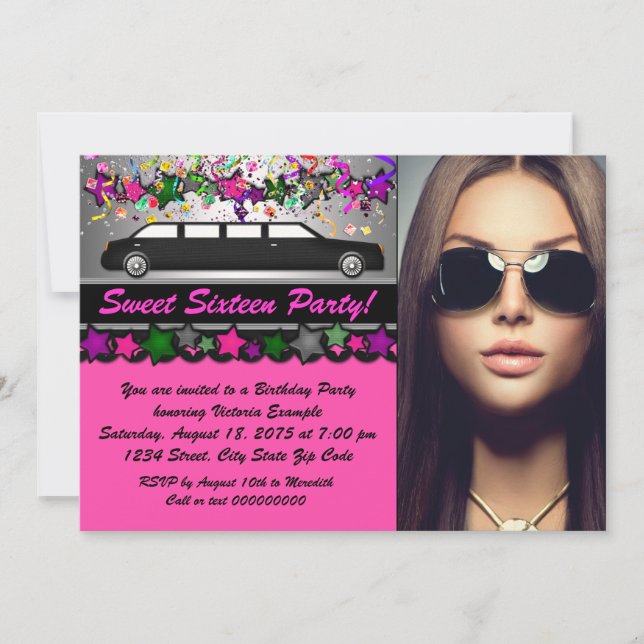 Convites Festa Sweet 16 Foto Preto Rosa Quente Limo Preto (Frente)